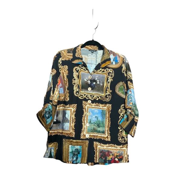 John Mark Printed Wire Collar Cinch Tie Sleeve Button Front Top XS NWOT - Picture 2 of 4
